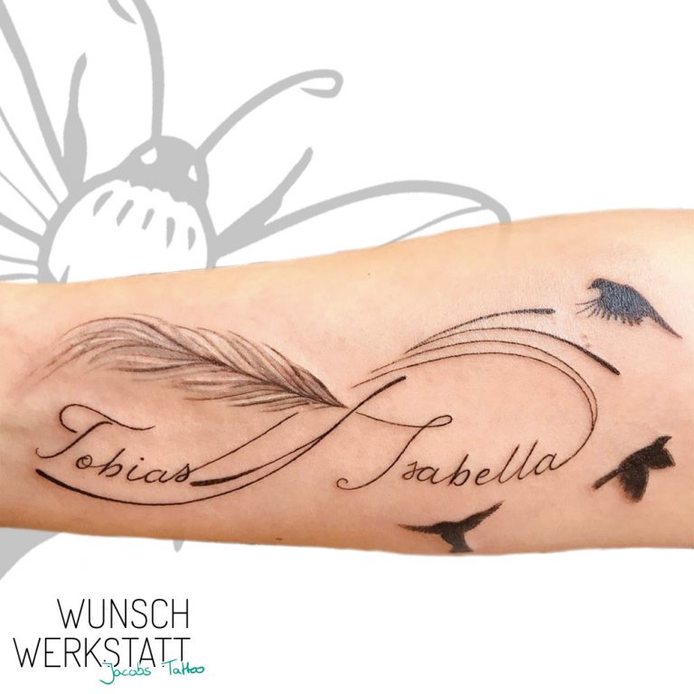 Tattoo Feder Vögel Unendlichkeitszeichen und Namen Wunschwerkstatt