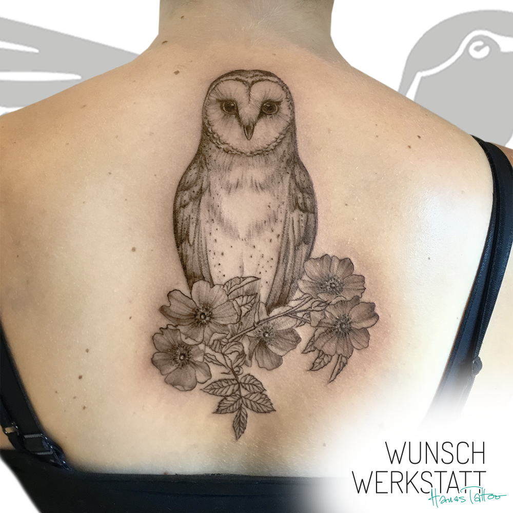 Tattoo von Hana aus der Wunschwerkstatt (Eule auf Rücken)